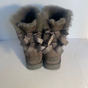 UGG Gray Shearling Boots with Ribbon Accents